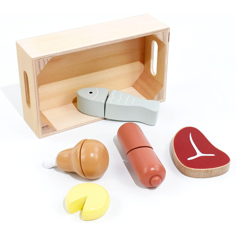 Play Kitchen Food Accessories Wooden Toy Cutting Meat Set 
