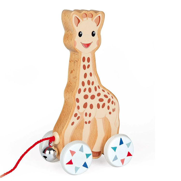 Cartoon Giraffe Wooden Pull Along Toy with Bell