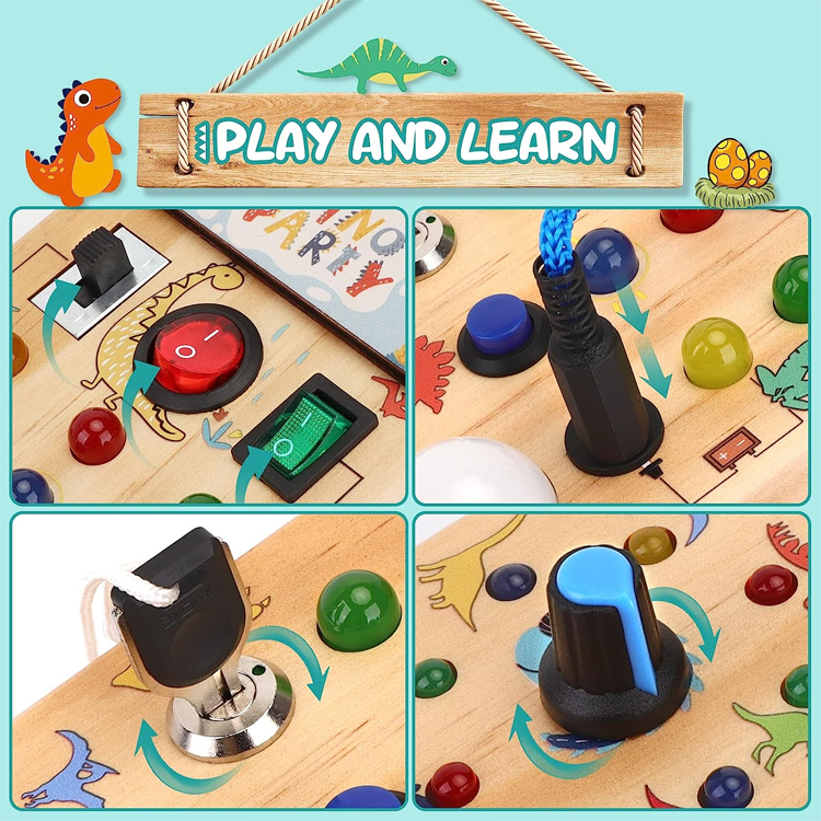 Montessori Busy Board Wooden Dino Led Light Switch Travel Toy 