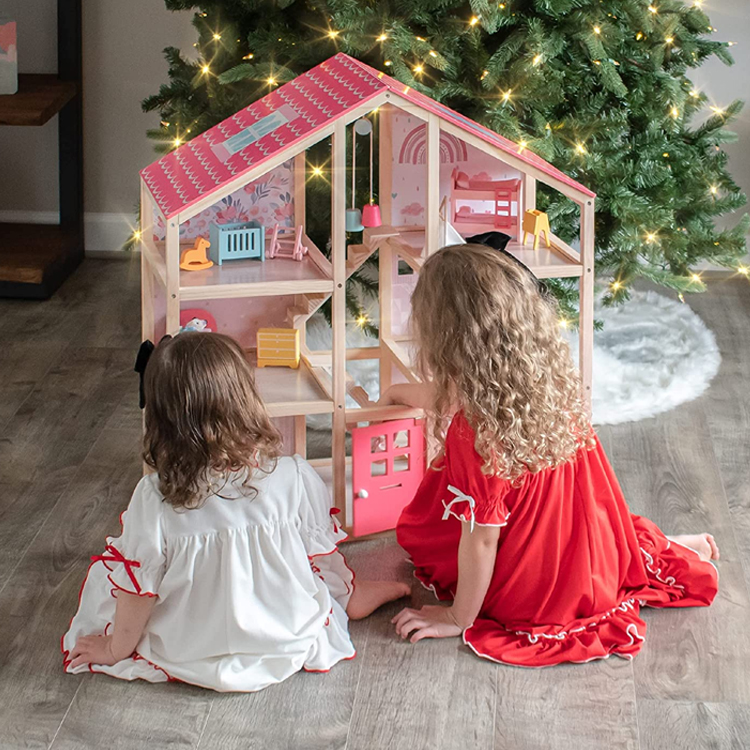 Miniature Pink Wooden Dollhouse Kit with Furniture