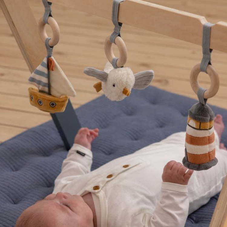 wooden baby activity gym with hanging toys