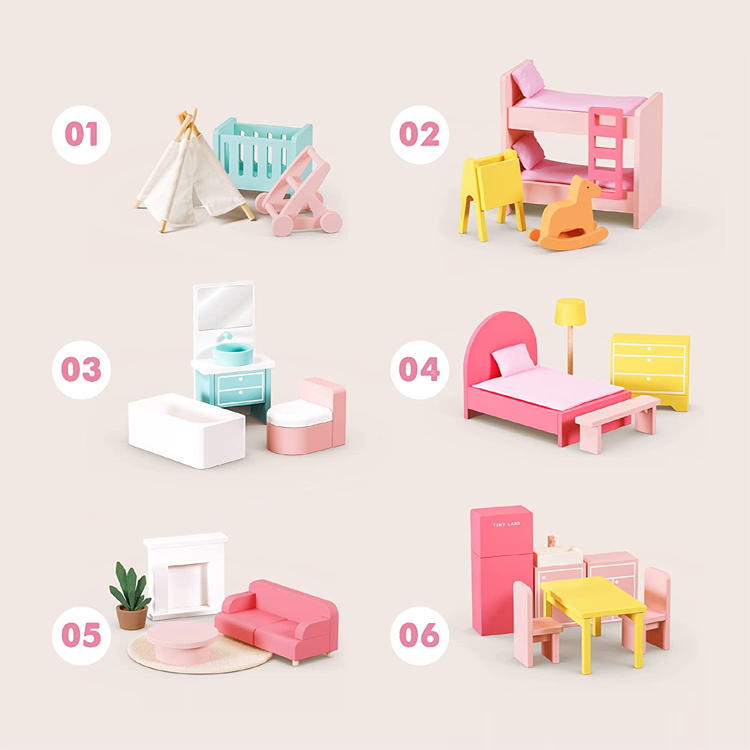 Miniature Pink Wooden Dollhouse Kit with Furniture
